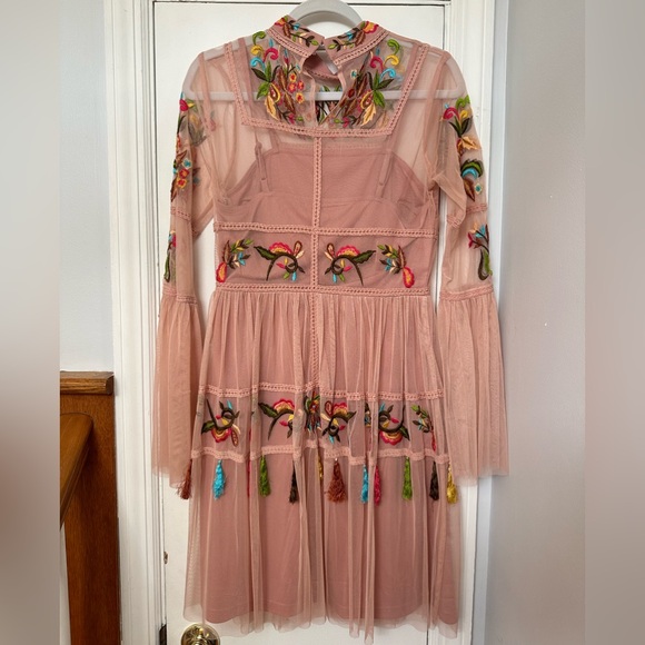 Frock And Frill Tall Folk Embroidered Tassel Skater Dress - Nude / US 6 - Picture 4 of 5